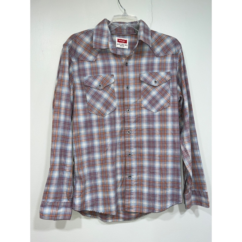 Wrangler Mens‎ Plaid Flannel Shirt Size Medium Blue Red Gold Long Sleeve Western